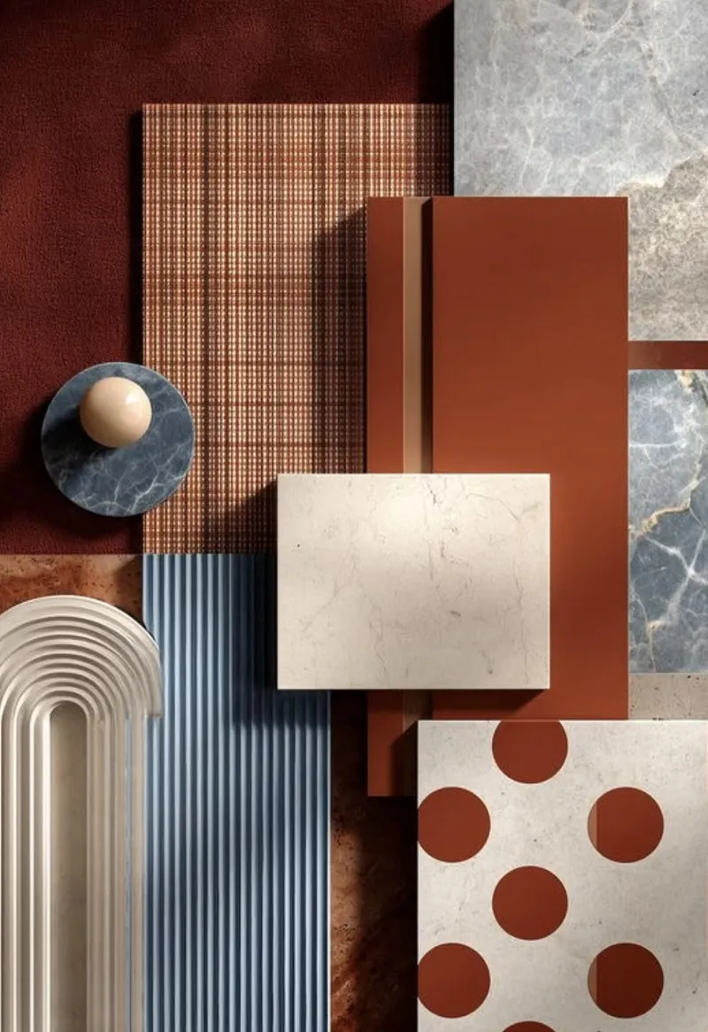 Moodboard: materialprøver i rustrødt, sand og blått: rutet tekstil, stein, riflet panel og prikkete flis
