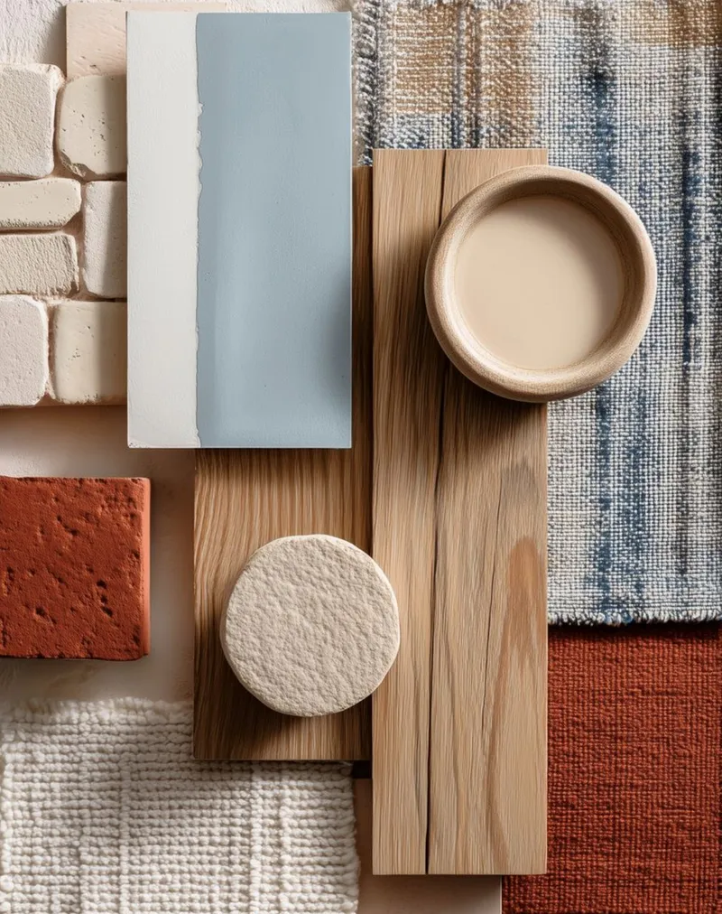 Moodboard: materialprøver med lys mur, blå flis, eiketre, terrakotta og vevde tekstiler i blått og beige
