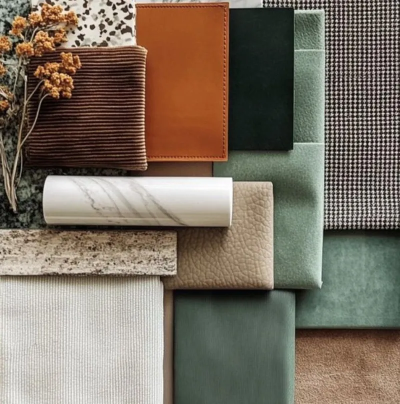 Moodboard: materialprøver i grønt, brunt og sand: fløyel, kordfløyel, skinn, marmor og tørkede blomster